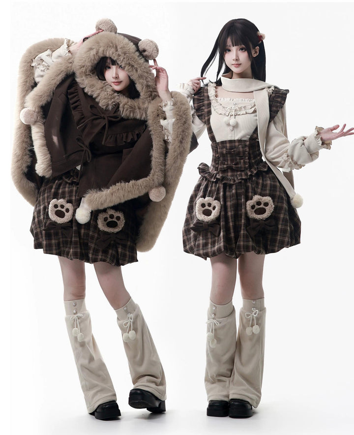Winter Plaid Suspender Bubble Skirt, Bear Ear Plush Cape 45991:872209