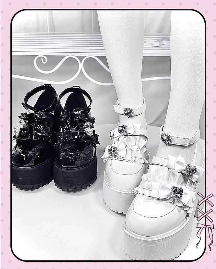 Jirai Kei Platform Shoes with Heart Rhinestone and Ruffle Trim Bow 41582:704410