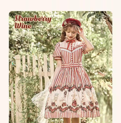 Retro Lolita Dress Strawberry Print Short Sleeve OP Embroidery Shirt 37248:569458