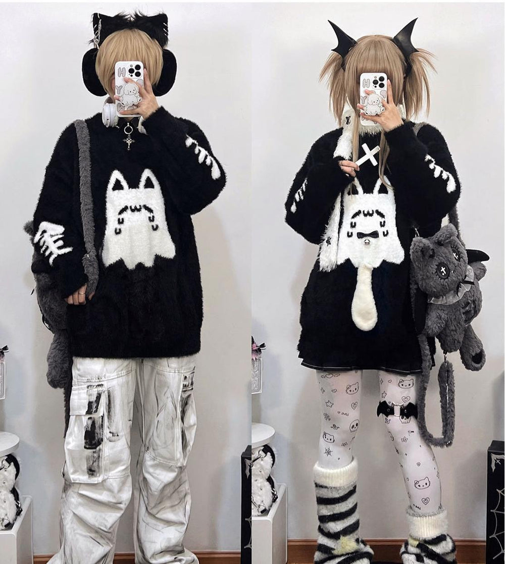 Jirai Kei Sweater Black Ghost Cat Print Couple Sweater 39952:646090