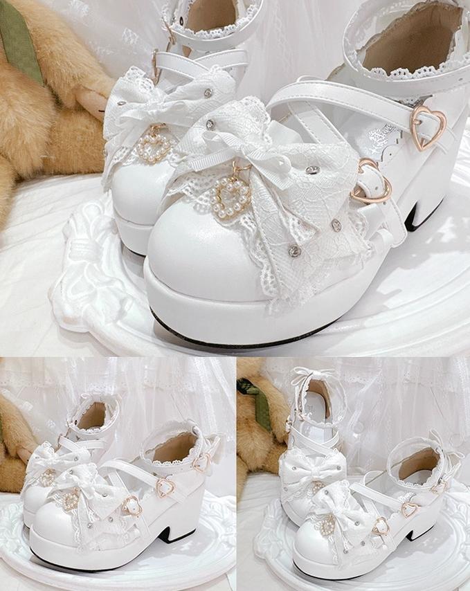 Jirai Kei Platform Shoes, Lace Bow Details, Chunky Heel 43445:778187