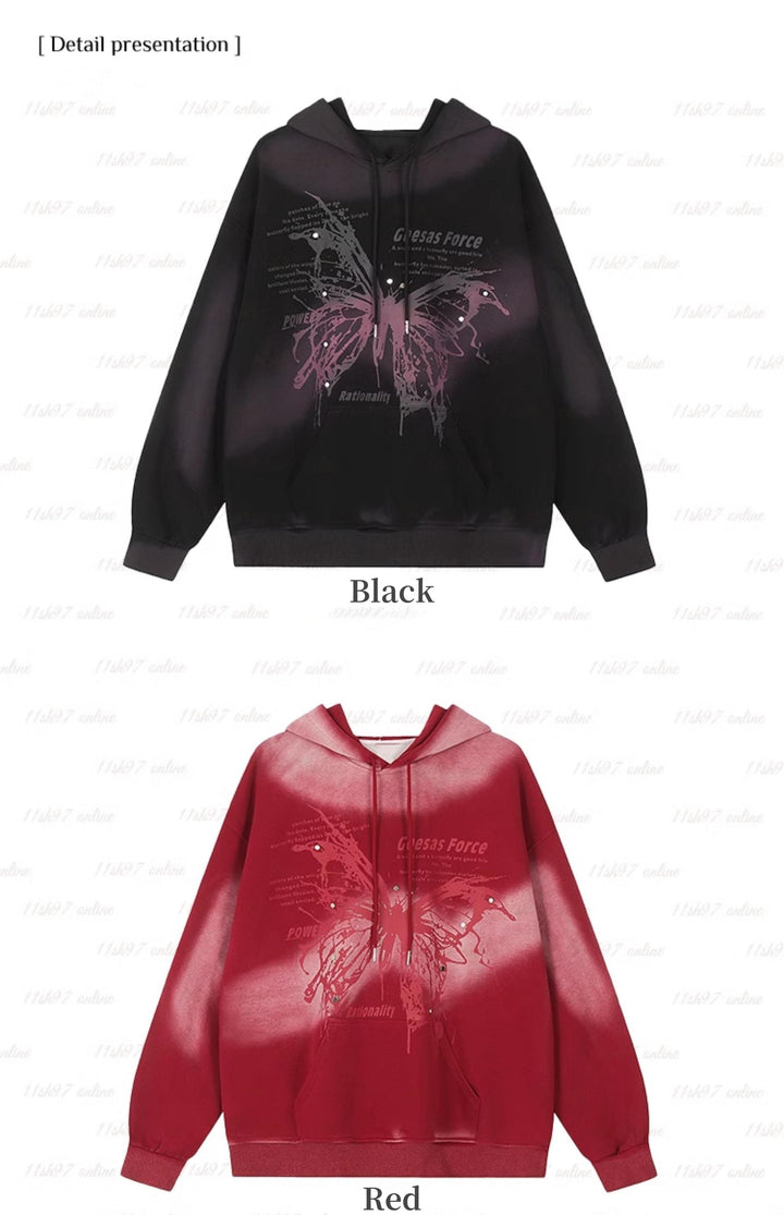 Plus Size Subculture Hoodie Butterfly Print Fleece Lined Top 39758:646416