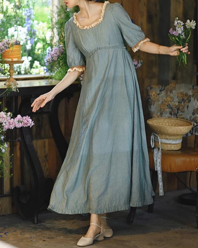 Mori Kei Fairy Dress High-Waisted Dress Mid-Sleeve Dress 36342:547086