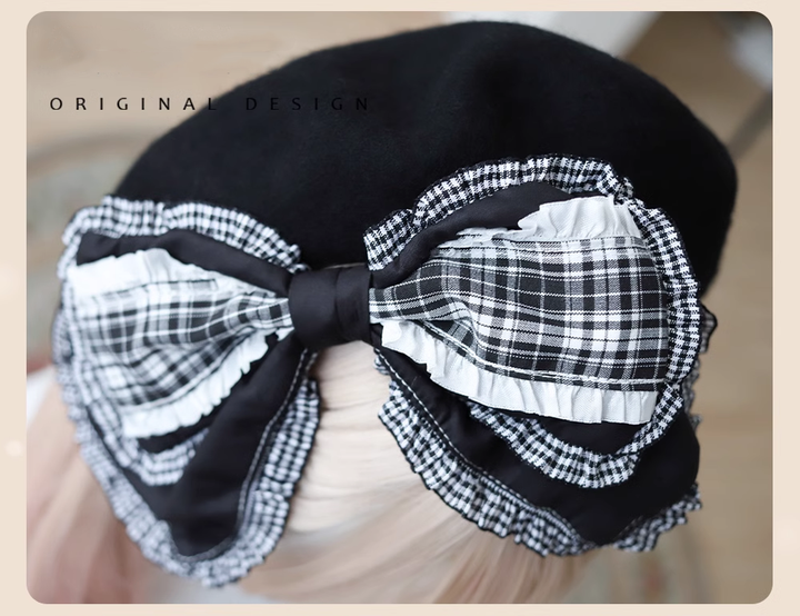 Lolita Beret Retro Bow Hat Black And White Plaid Hat 39650:635566