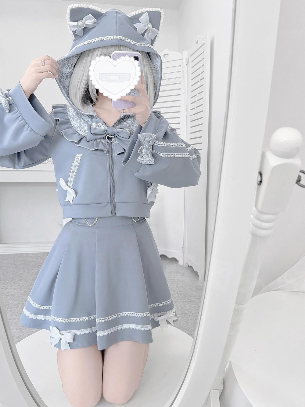 Cat Ear Jirai Kei Zip-Up Hoodie, Pleated Skirt 43809:786304