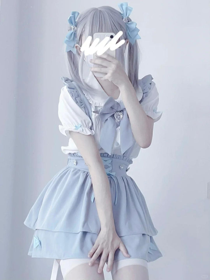 Jirai Kei White Blouse Lace-up Suspender Skirt 21838:760765