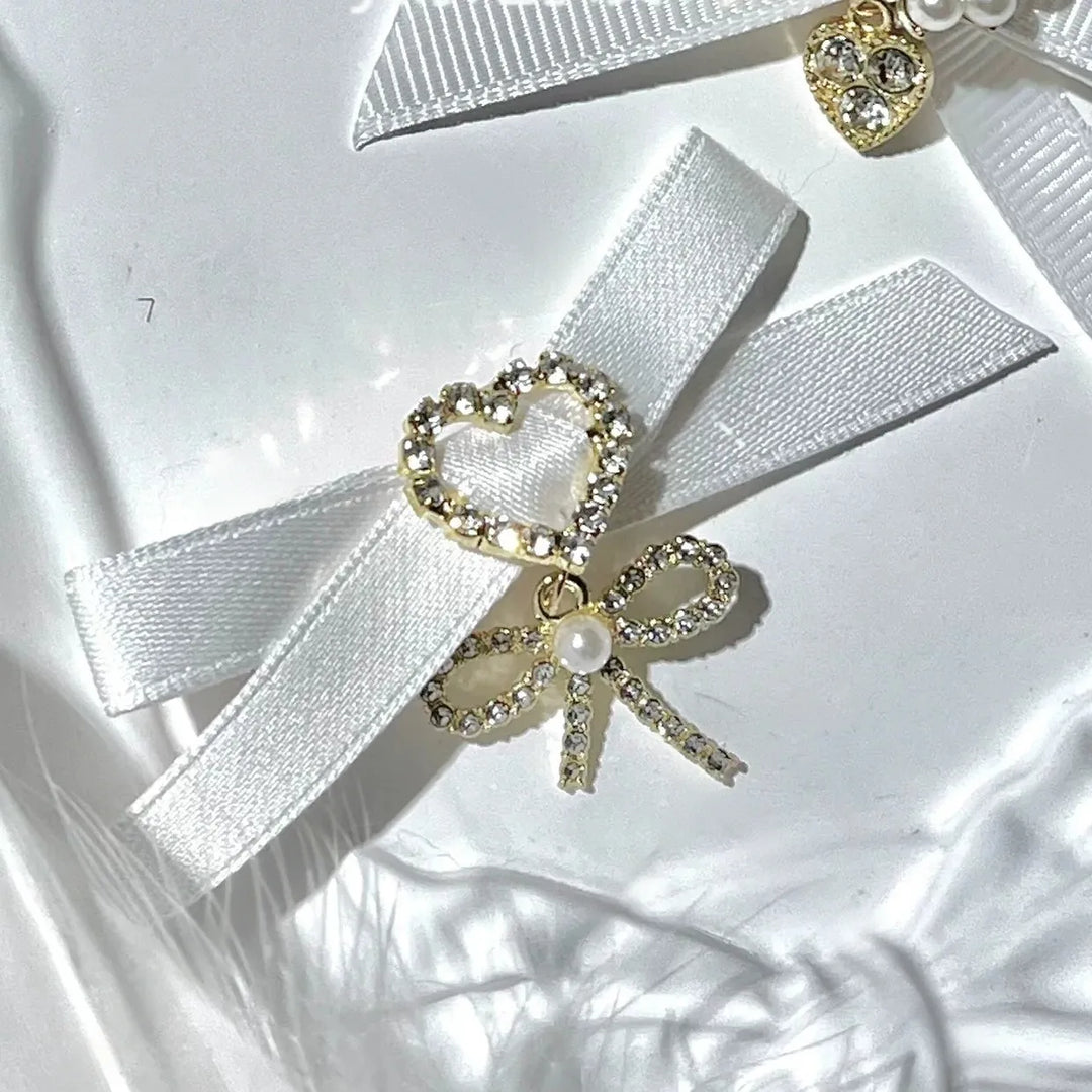 Jirai Kei Bow Hair Clips Set, Rhinestone & Pearl Accent 45776:866486