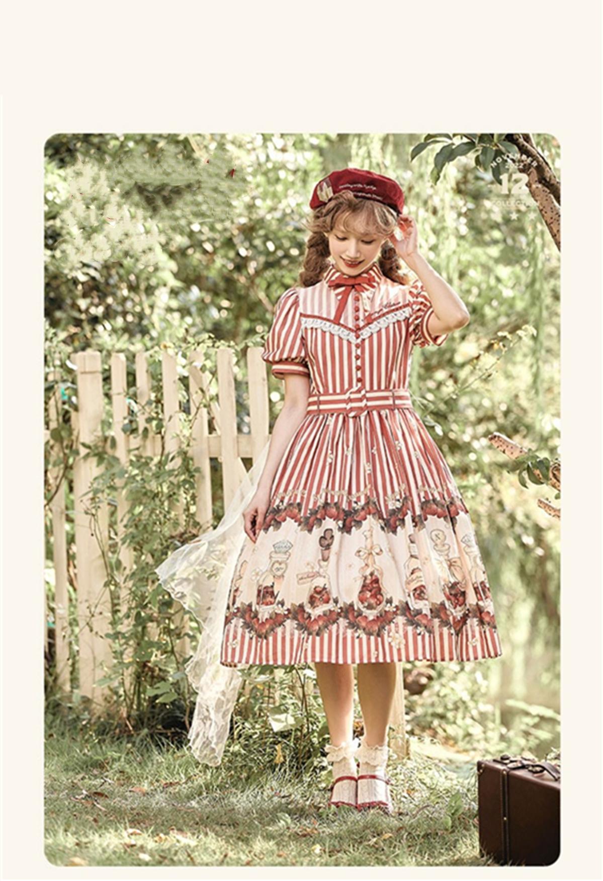 Retro Lolita Dress Strawberry Print Short Sleeve OP Embroidery Shirt 37248:558168