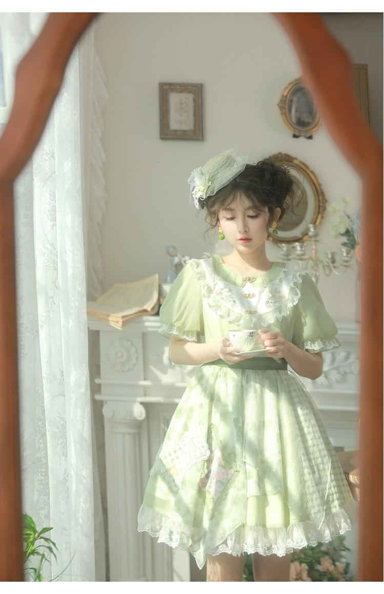 Cottagecore Dress Green Patchwork Lace Lolita Dress 35906:568970