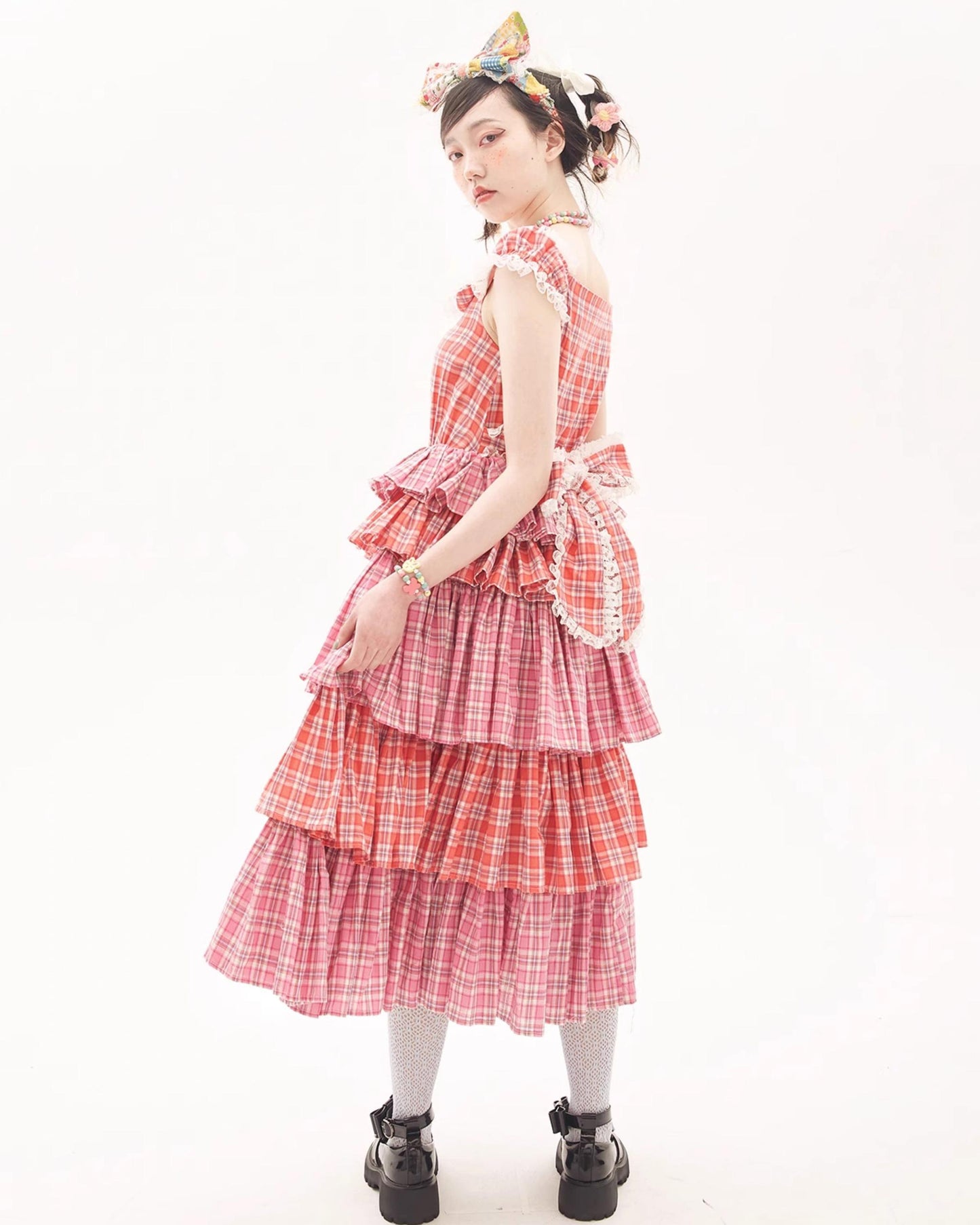 Sweet Lolita Dress Pink Plaid Dress Kawaii Layered Dress 36166:543402