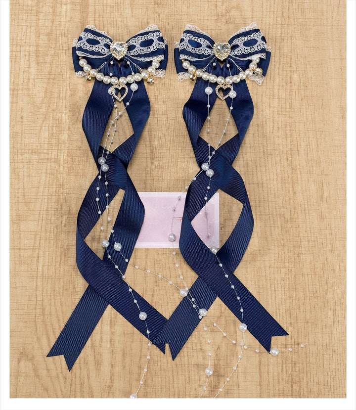 Jirai Kei Bow Hair Clip, Heart Rhinestone, Pearl Chain, Lace Trim (Pair) 43501:778533