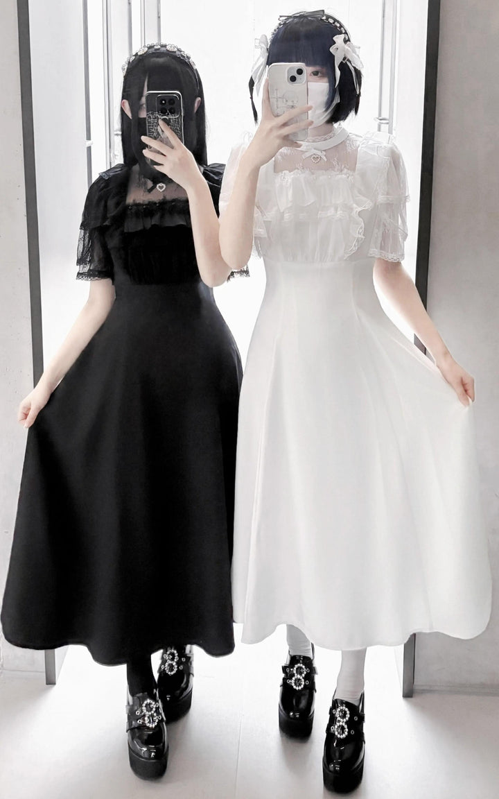 Jirai Kei Dress Black White Slim-fit Long Dress Layered Lace 42246:738816