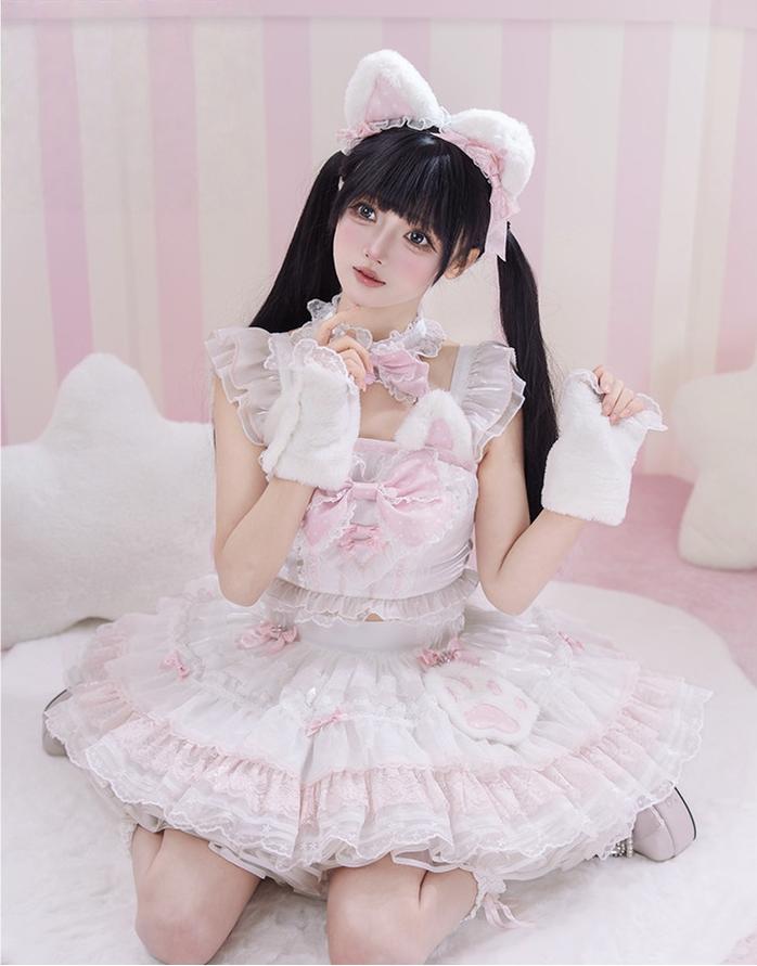 Kawaii Lolita Tiered Skirt Set, Cat Ears & Polka Dot Bow 44958:837182