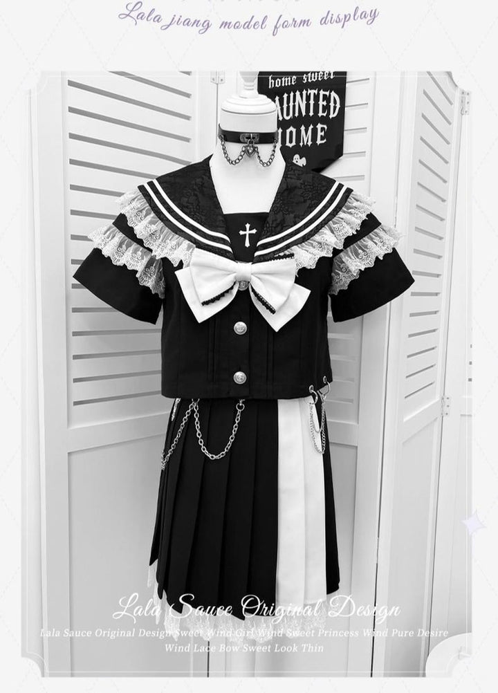 Lace Sailor Collar Gothic Skirt Suit, Detachable Waist Chain (L M S) 43626:781396