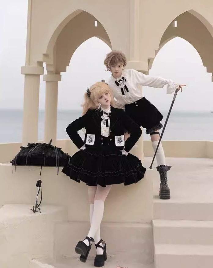 Ouji Lolita Prince Outfit Set Black Skirt Velvet Shorts Set 39368:631964