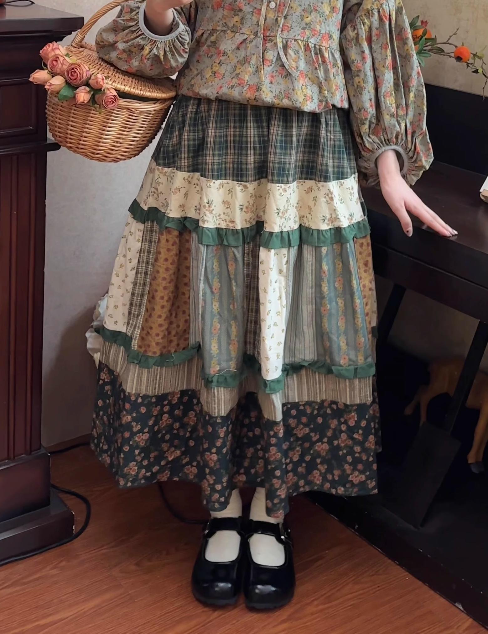 Mori Kei Skirt Retro Plaid Patchwork Floral Long Skirt Mori Kei Skirt Retro Plaid Patchwork Floral Long Skirt