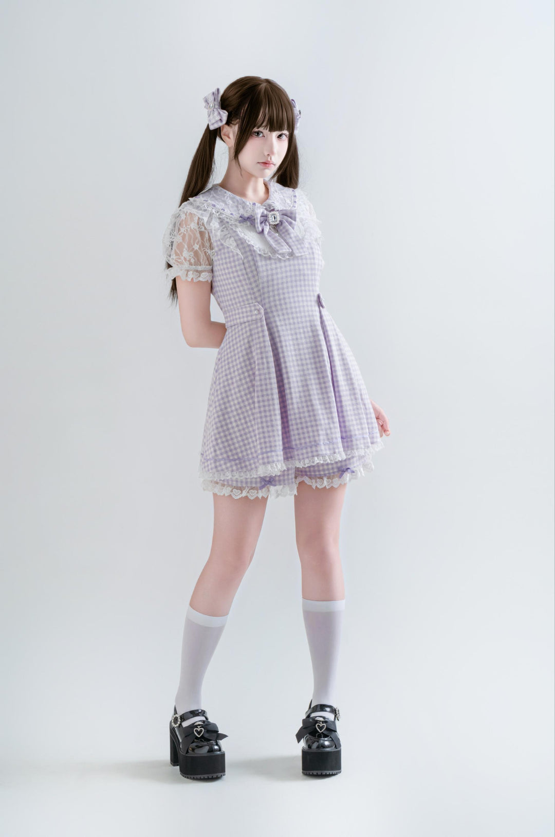 Jirai Kei Plaid Dress Set, Rhinestone Collar Bow 45008:837295