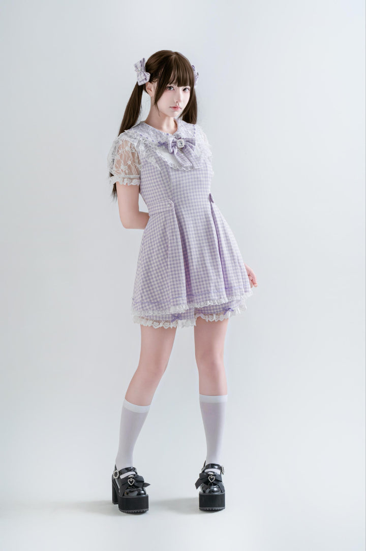 Jirai Kei Plaid Dress Set, Rhinestone Collar Bow 45008:837295