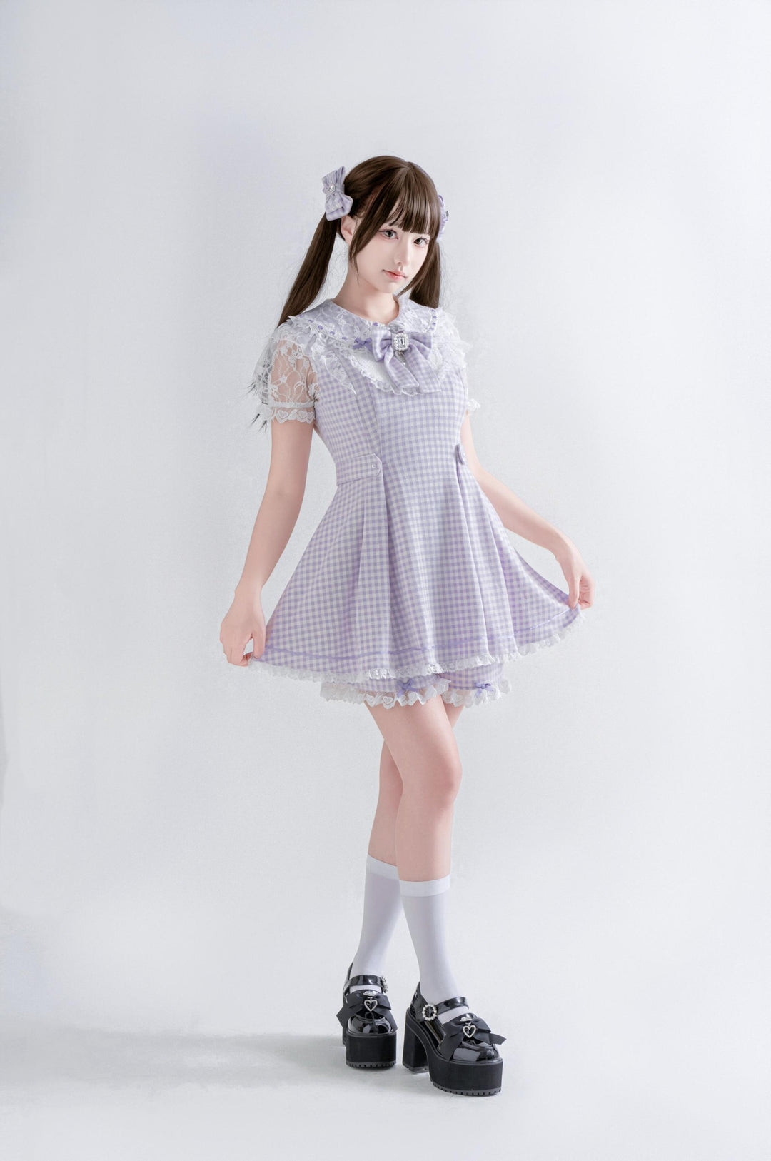 Jirai Kei Plaid Dress Set, Rhinestone Collar Bow 45008:837300