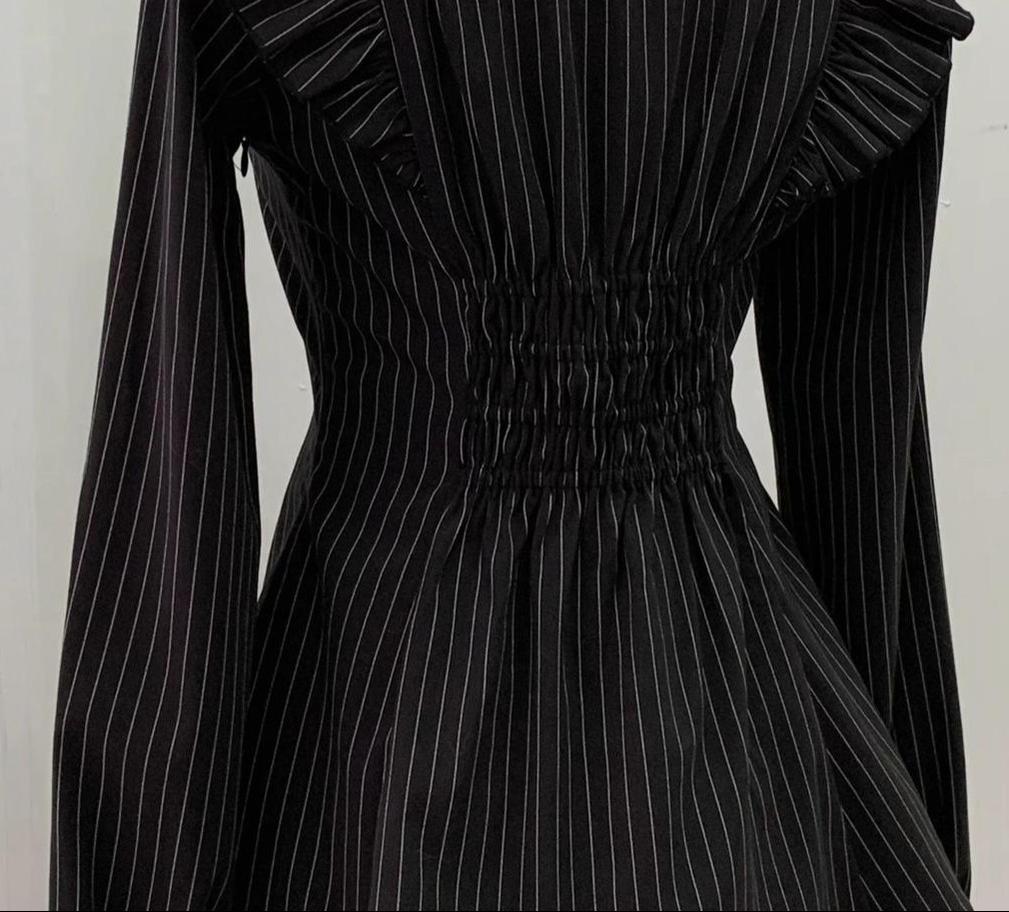 Black Striped Jirai Kei Set Up, Waist-cinching Dress 44921:828344