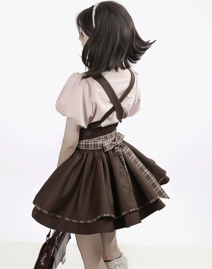 Academia Bubble Sleeve Blouse, Elastic Waist Suspender Skirt 45875:866398