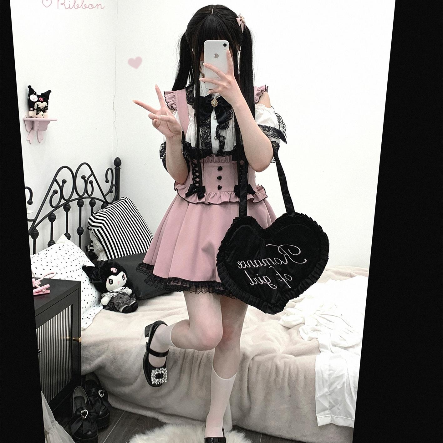 Jirai Kei Suspender Skirt Ruffled Lace Strap Salopette (Pink / Preorder) 35372:544202