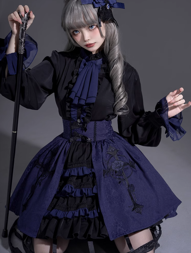 Ouji Lolita Prince Outfit Navy Blue Lolita Blouse Skirt Set 39360:633334