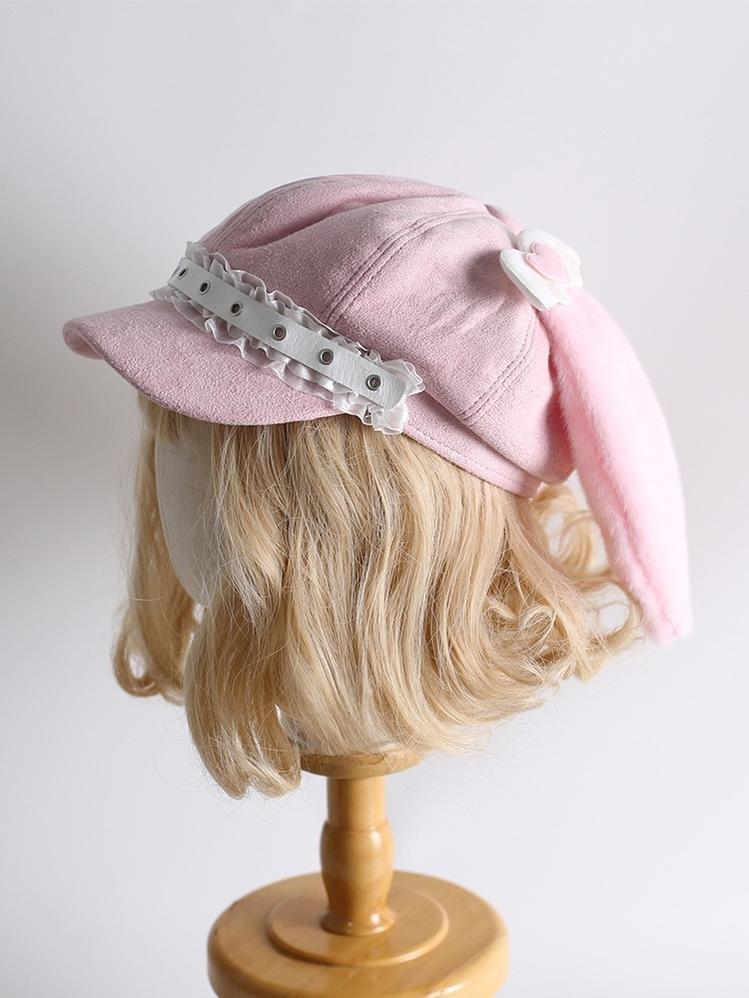 Kawaii Pink Beret Hat, Removable Bunny Ears 43826:786474