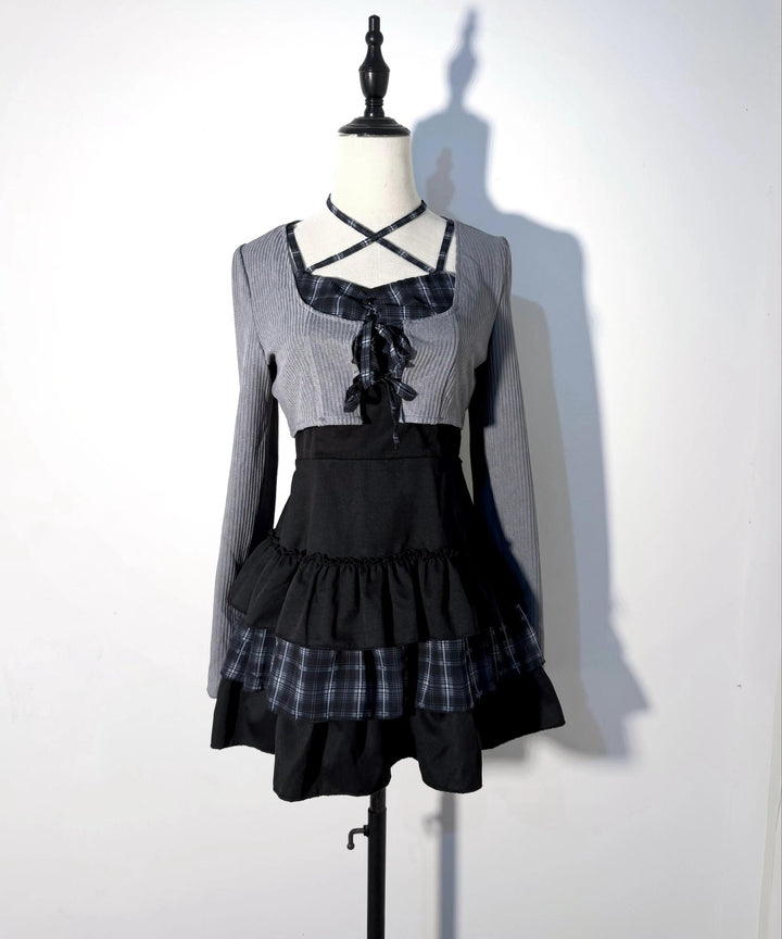Jirai Kei Plaid Halter Neckline Dress, Solid Bolero (L M XL) 46017:872682