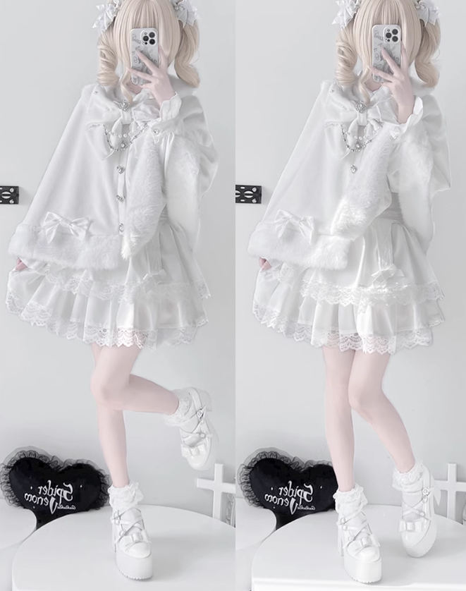 Jirai Kei Cape Plush Coat With Rhinestone Bow Knot 42149:731010