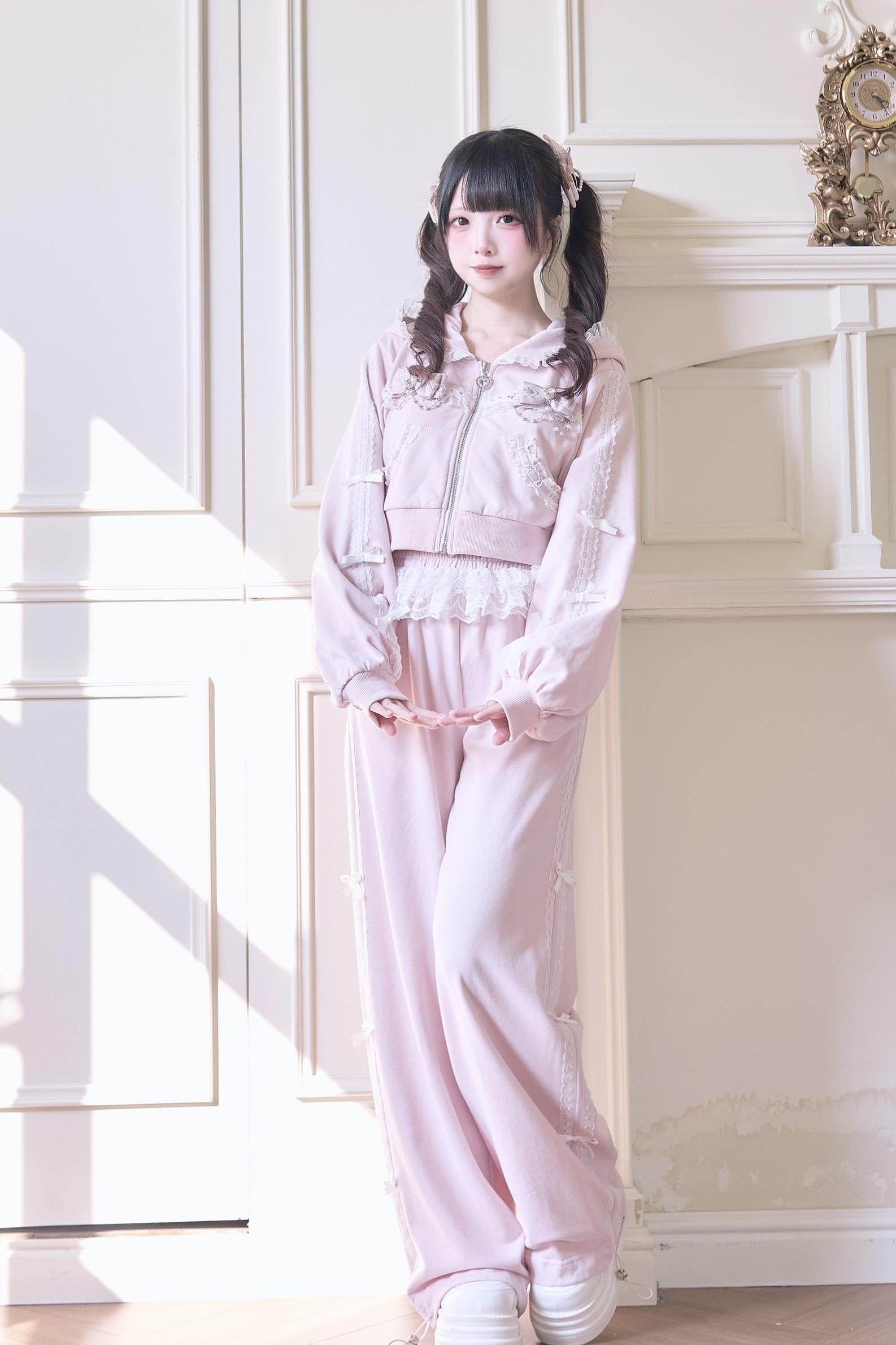 Jirai Kei Hoodie Jacket Pants and Skirt with Lace Detail – Honey