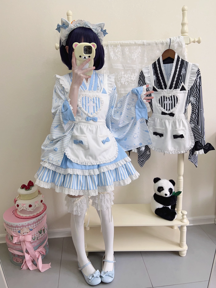 Kimono Lolita Blouse Striped Housemaid Skirt Set 37640:609508