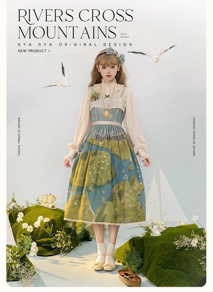 Lolita Dress Rivers Cross Mountains Print Lolita Dress Set 39412:627152