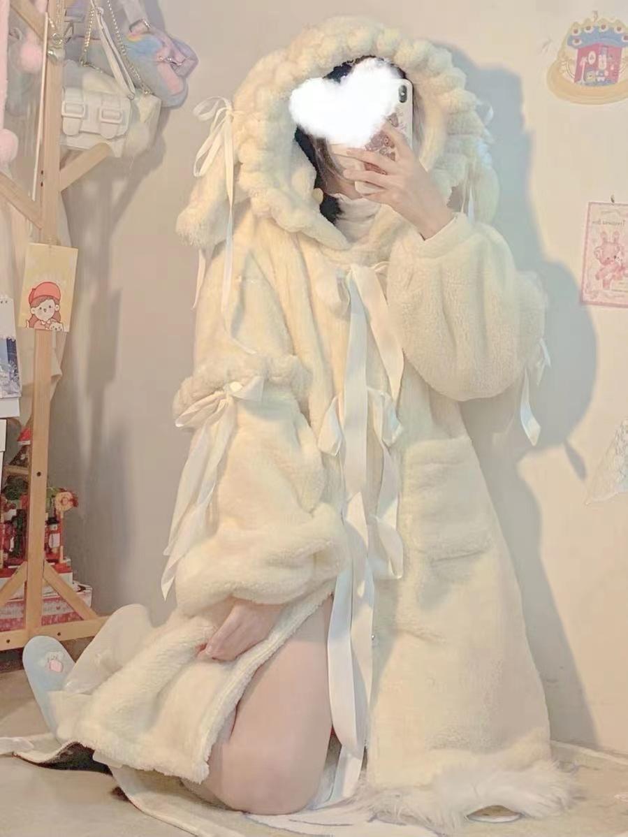 Sweet Lolita Coat Beige Plush Bunny Ear Long Coat For Winter 40292:678376