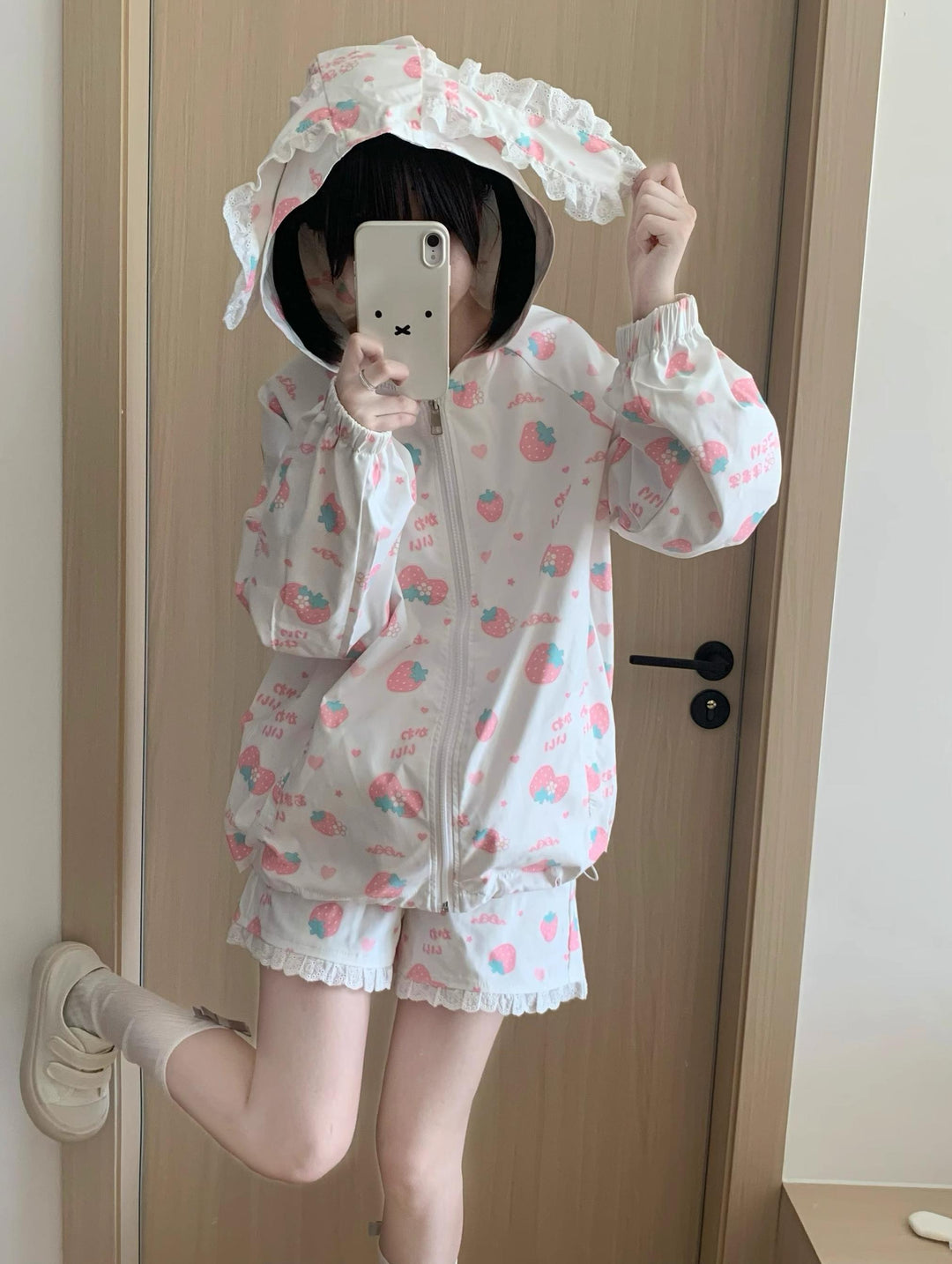 Kawaii Bunny Ears Jacket Set With Strawberry Bunny Prints 42900:760369