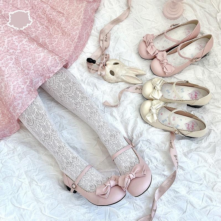 Lolita Shoes Round Toe Pink Shoe Butterfly Bow Beige Shoes 37596:602434