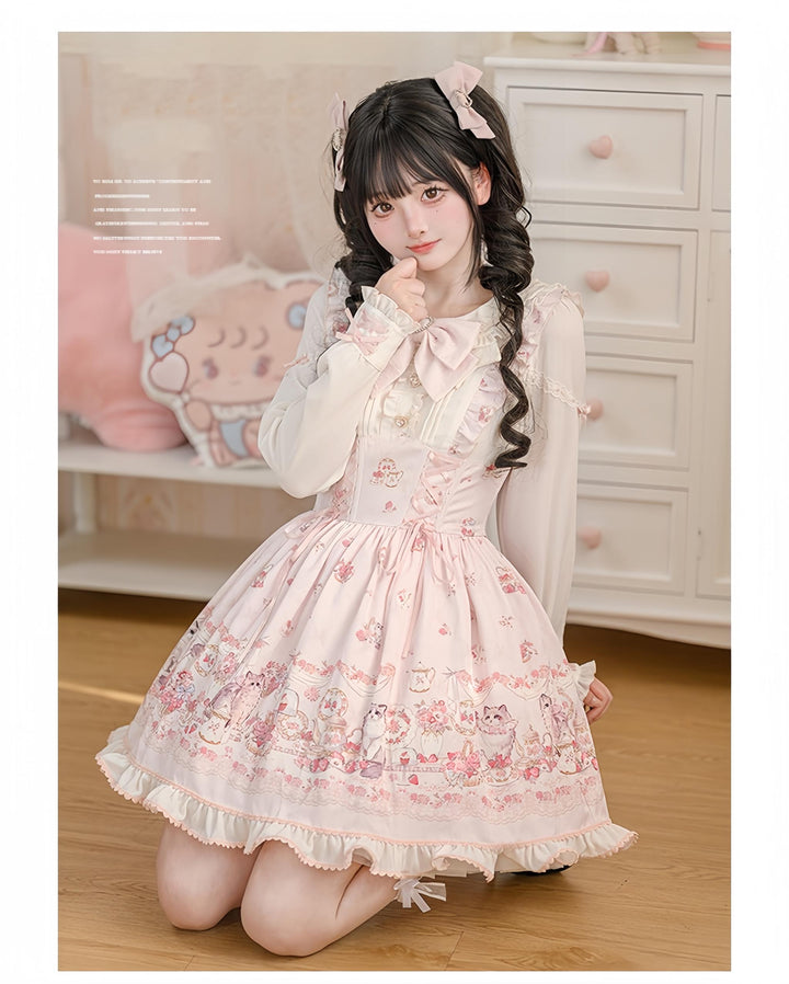 Kawaii Ryousangata Dress Long-sleeved Cat Printed OP Dress 40560:665192