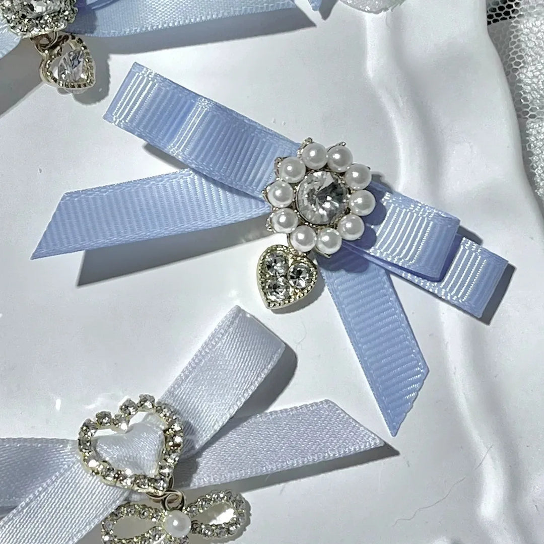 Jirai Kei Bow Hair Clips Set, Rhinestone & Pearl Accent 45776:866482
