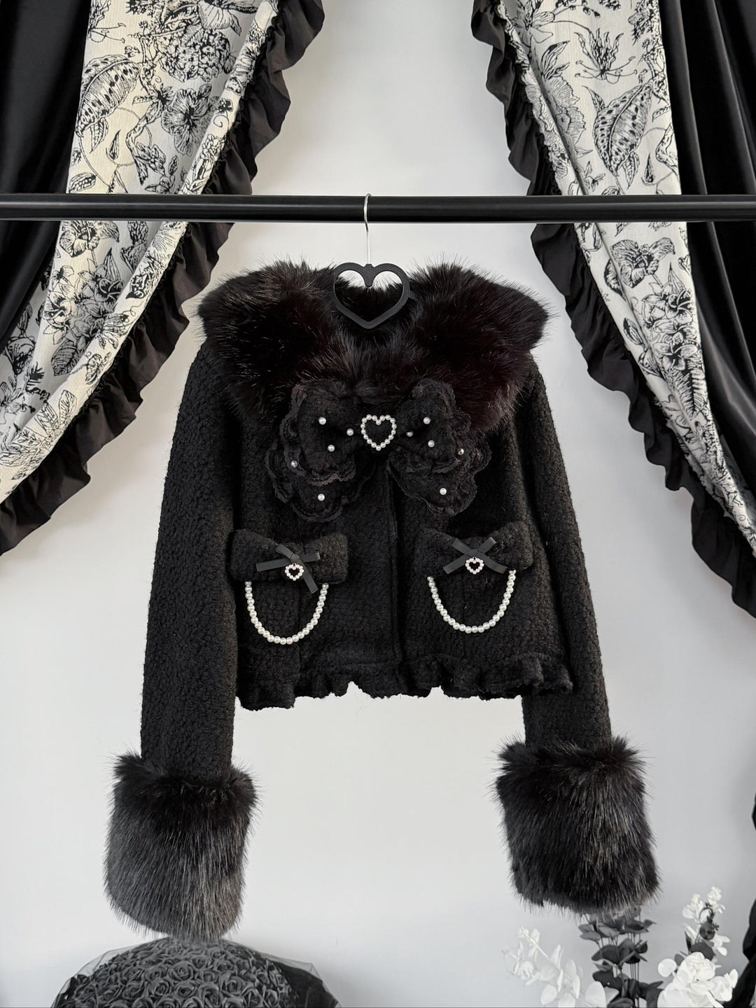 Black Jirai Kei Short Coat, Detachable Faux Fur Collar 44331:805490