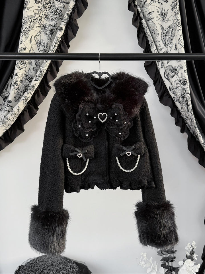 Black Jirai Kei Short Coat, Detachable Faux Fur Collar 44331:805490