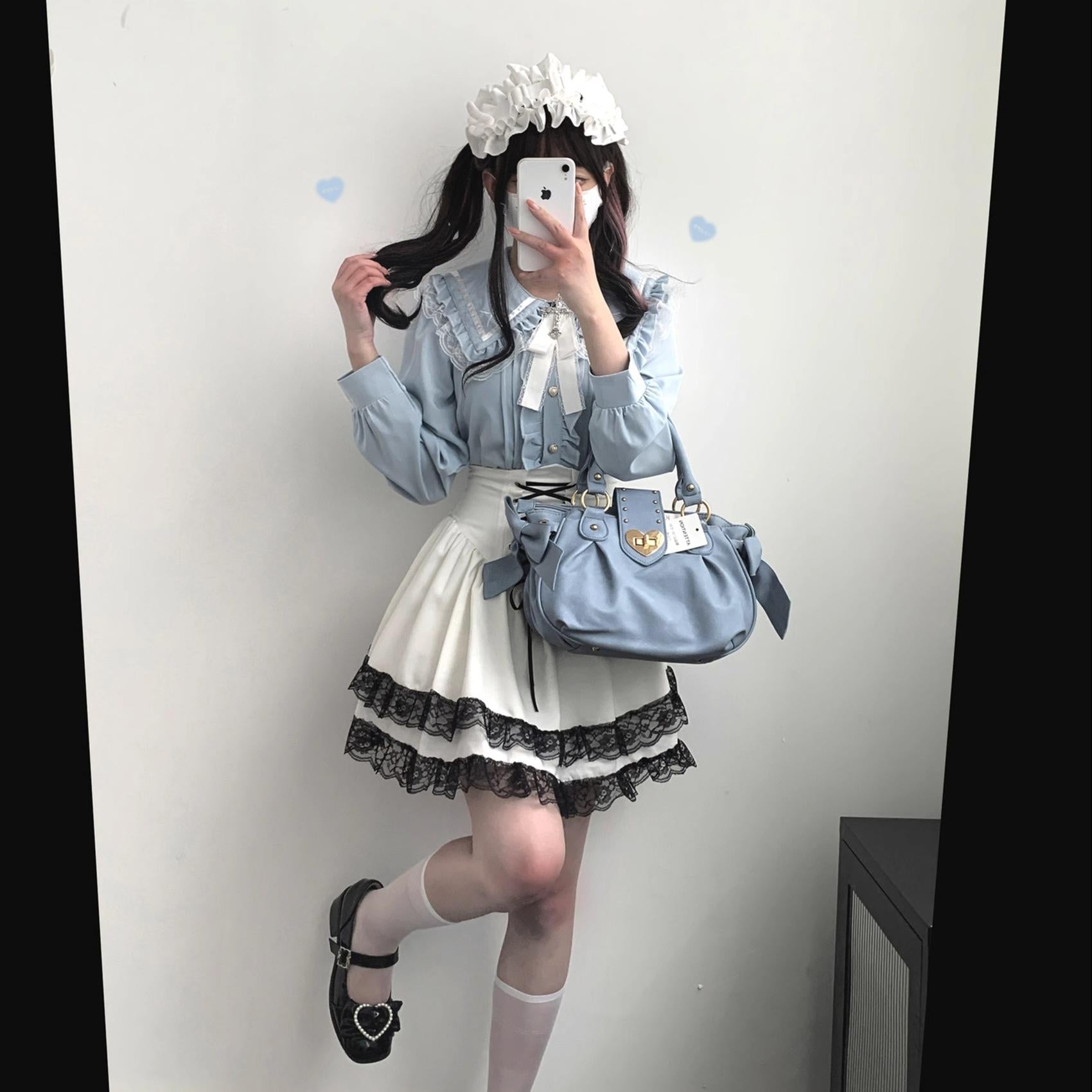 Jirai Kei Blouse Sailor Collar Shirt Cross Lace Long Sleeve Blouse 36780:537478