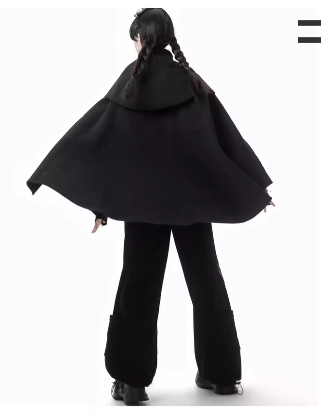 Punk Hoodie Pants Cape Skirt Fleece Lining Black Outfit 41112:694626