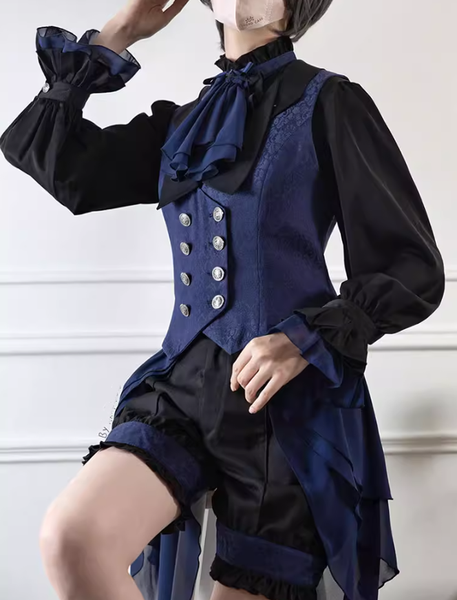 Ouji Lolita Prince Outfit Navy Blue Lolita Blouse Skirt Set (L M S XL) 39360:633274