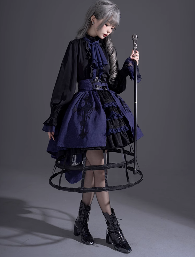 Ouji Lolita Prince Outfit Navy Blue Lolita Blouse Skirt Set 39360:633296