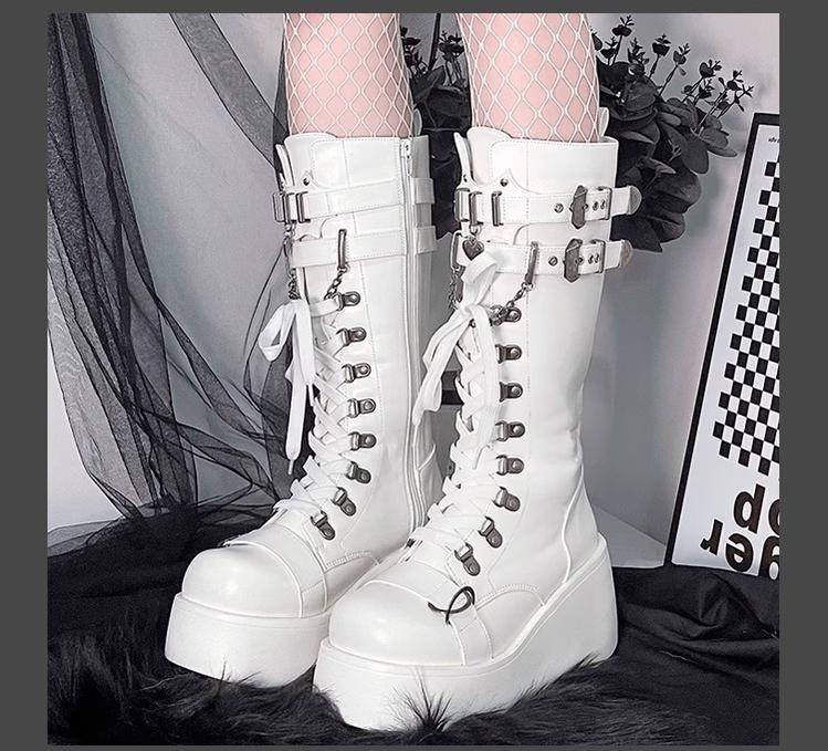 Gothic White Black Platform Boots High-Top Knight Boots 29702:369280