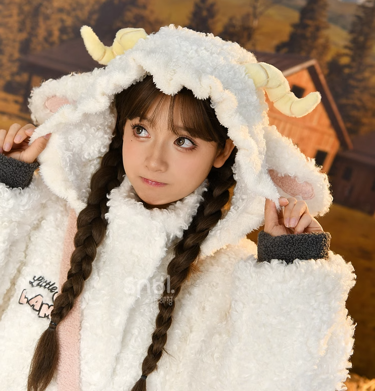 Mori Kei White Winter Jacket Little Sheep Fleece Coat 22696:328696 22696:328696