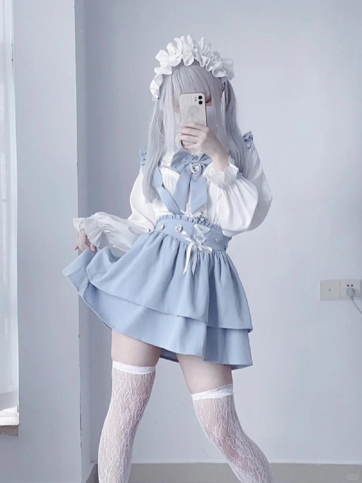 Jirai Kei White Blouse Lace-up Suspender Skirt 21838:760780