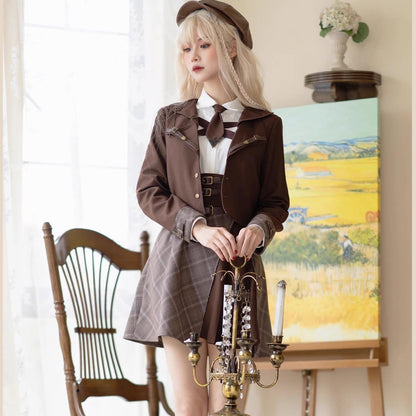 Preppy Style Brown Jacket Blouse Skirt Set 29528:354872