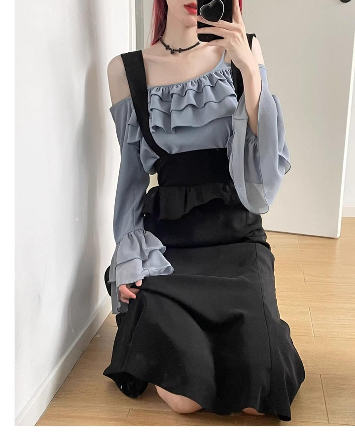 Elegant Outfit Set Chiffon Blouse Suspender Skirt Set 40238:663566