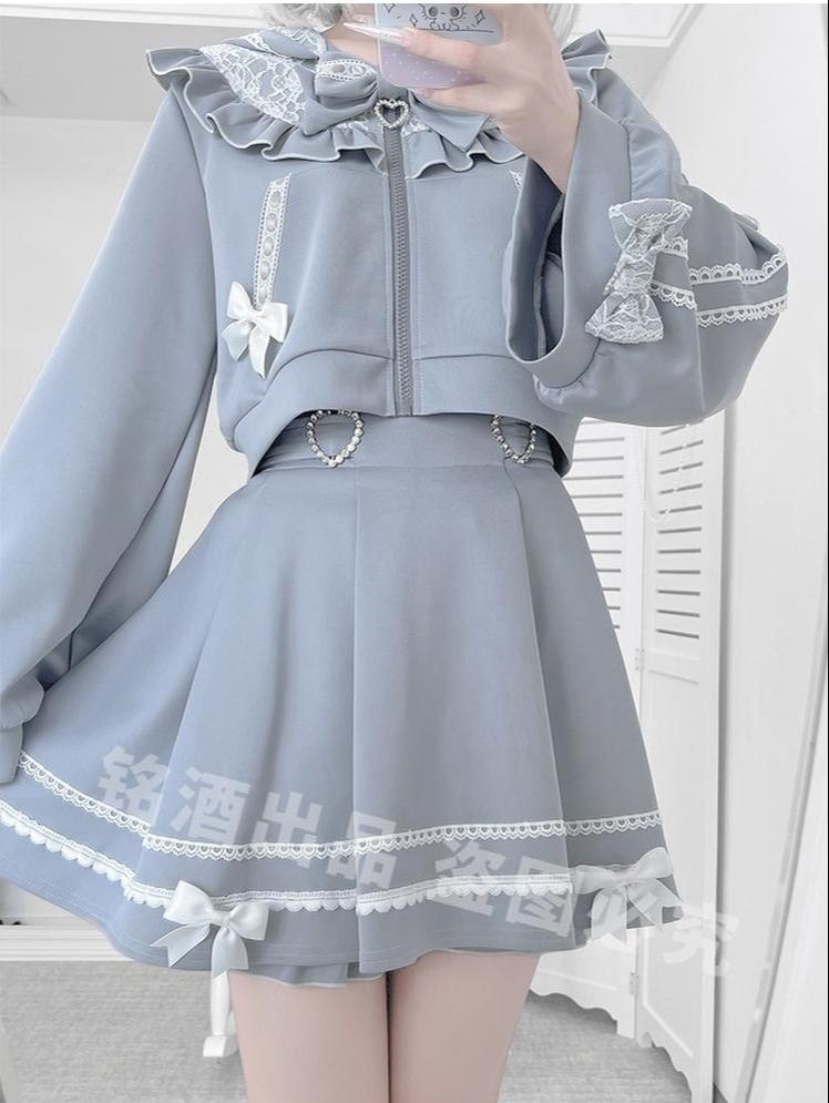Cat Ear Jirai Kei Zip-Up Hoodie, Pleated Skirt 43809:786302